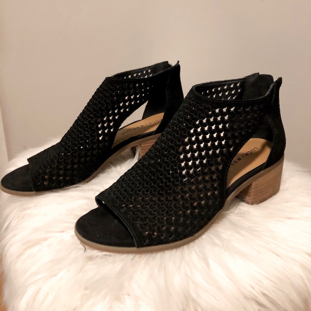 Lucky Brand open toe heeled boots black 9-9.5